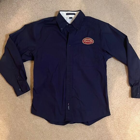 PORT Authority Navy Collared Botton Down Long Sleeved Shirt.  Size Md - Picture 1 of 10